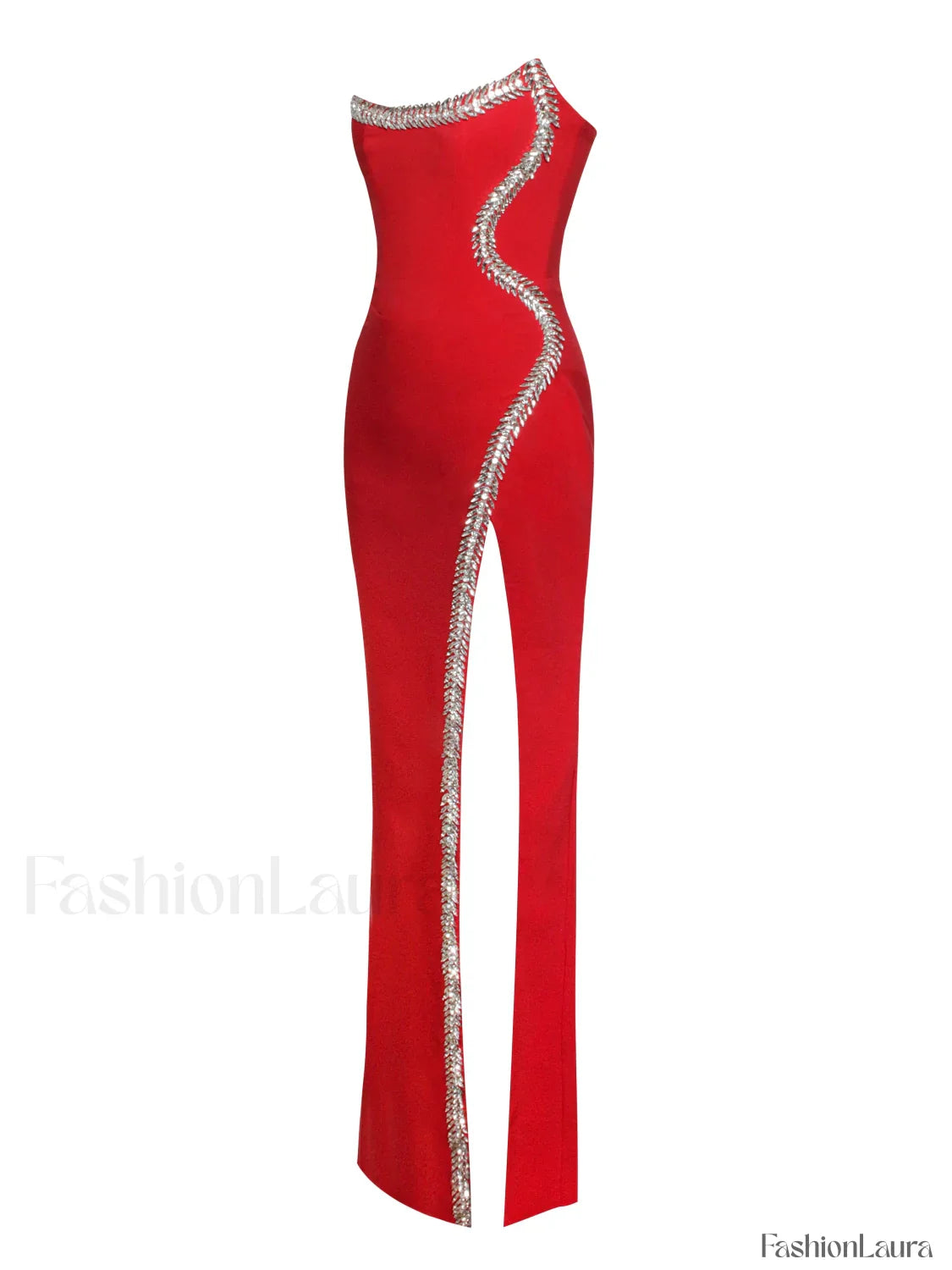 Xoana Red Crystal Charming Embellished High Slit Gown