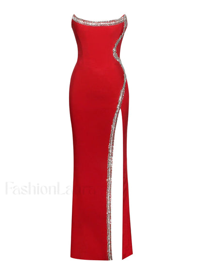 Xoana Red Crystal Charming Embellished High Slit Gown
