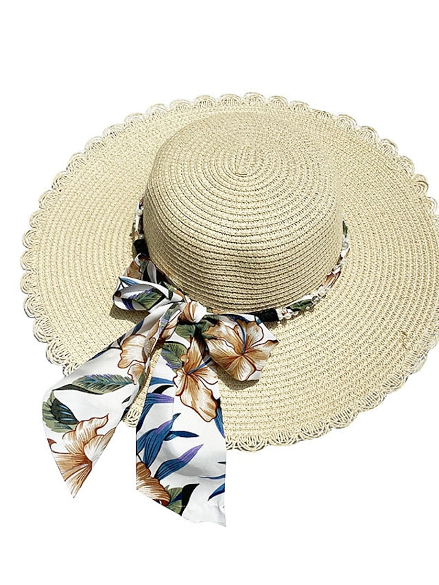 1pcs Summer Straw Hats Ladies Big Brim Hat Seaside Shade Sunscreen Hat With Lace Pearl Streamer Straw Hat For Women Travel for Women