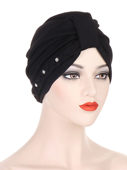 1PCS Trendy Two Dress Braid Turban Cap for Women with Crystal Muslim Head Wrap Islam Hijab Bonnet Hair Care Hat for Women