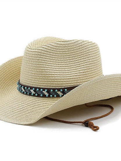 British Wind with Bead Leather Rope Cowgirl Summer Straw Hat for Women Men Western Cowboy Hat Lady Trendy Beach Sun Hat for Women
