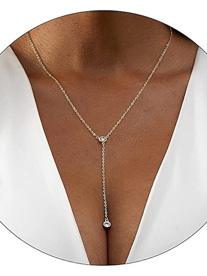 1PC Necklace 14K Gold Plated Zircon Y Lariat Necklaces Long Drop CZ Pendant Y Necklace for Women Dainty Diamond Chain Necklace Fashion Jewelry for Women