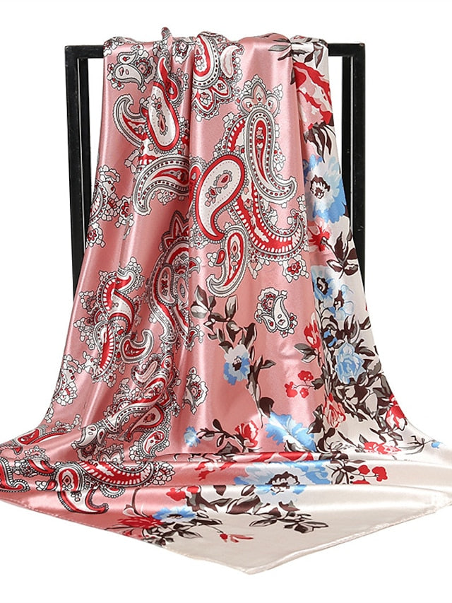 1pcs 90*90cm New Flower Square Silk Scarf Women Print Hijab Headband Wraps Muslim Headscarf Bandana for Women