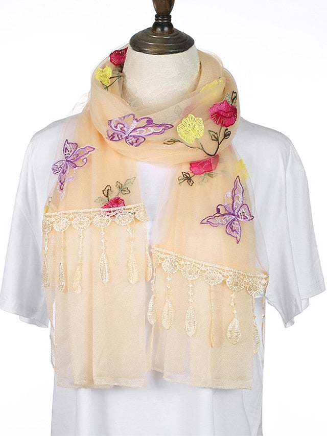 Spring Summer Embroidery Solid Colors Thin Style Hijab Gauze Scarf Women Butterfly Tassel Scarves Daily Dress for Women