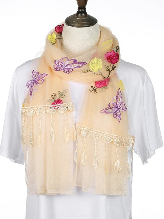 Spring Summer Embroidery Solid Colors Thin Style Hijab Gauze Scarf Women Butterfly Tassel Scarves Daily Dress for Women