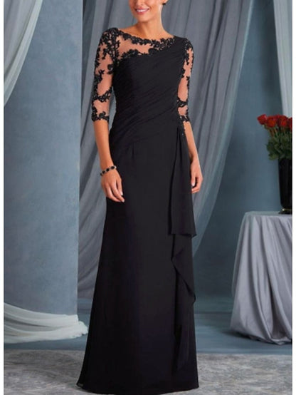 A-Line Mother of the Bride Dress Plus Size Bateau Neck Floor Length Chiffon Lace Half Sleeve with Draping Appliques 2023