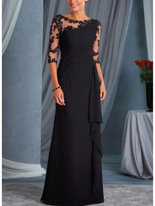 A-Line Mother of the Bride Dress Plus Size Bateau Neck Floor Length Chiffon Lace Half Sleeve with Draping Appliques 2023