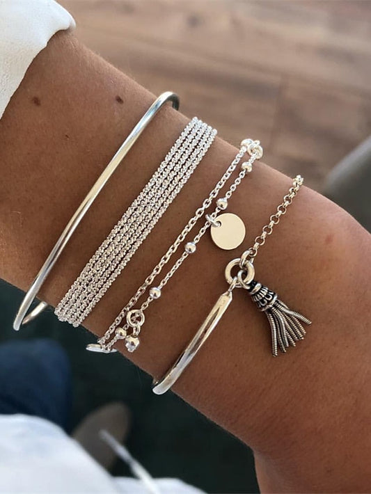 4pcs Chain Bracelet Vintage Bracelet Thick Chain Vintage Theme Punk Fashion Simple Tassel Alloy Bracelet Jewelry Silver For Office Sport Gift Daily Date for Women