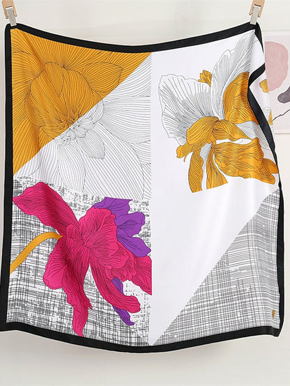 110X110cm Square Silk Scarf Women Simple Print Scarves Satin Shawl Hair Wrap Hijab Female Headband Bandana Flower Neckerchief for Women