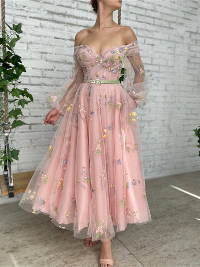 A-Line Prom Dresses Floral Dress Wedding Guest Ankle Length Long Sleeve Off Shoulder Lace with Embroidery Appliques 2023