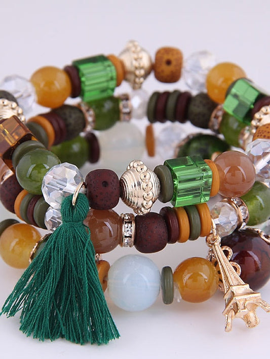 3pcs Bead Bracelet Bracelet Layered Fashion Tassel Bohemian Resin Bracelet Jewelry Black / White / Pink For Gift Daily Holiday Date for Women