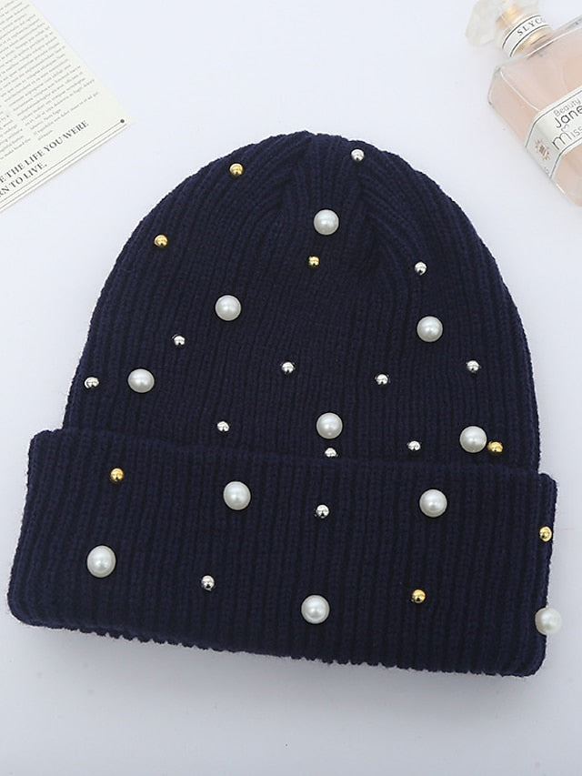 Hat Beanie / Slouchy Black Blue Pink Outdoor Street Dailywear Beaded Knit Pure Color Comfort Warm Breathable for Women