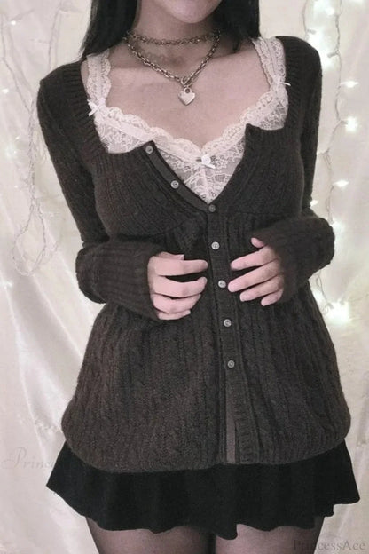 Y2K Sweet Square Neck Cable Knit Button Blouse
