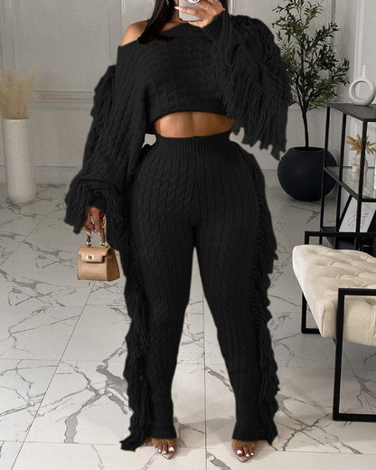 Knitted Long-Sleeved Tassel Suit