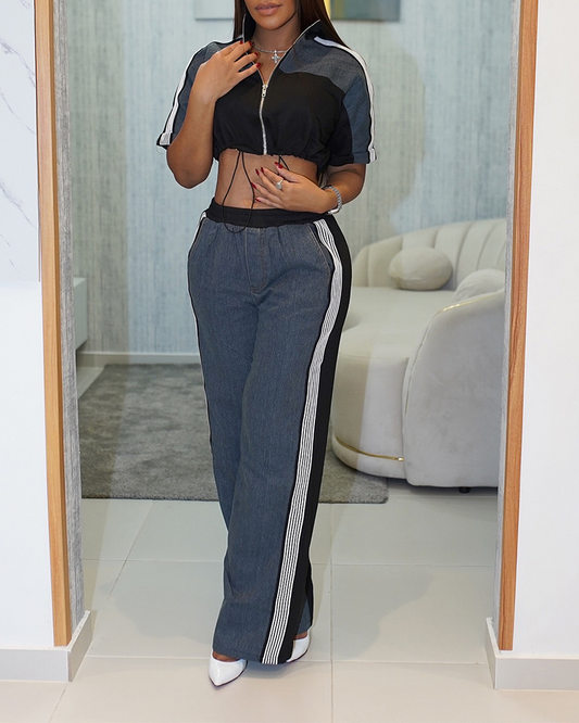 Paneled Zipper Top Wide Leg Pants Set