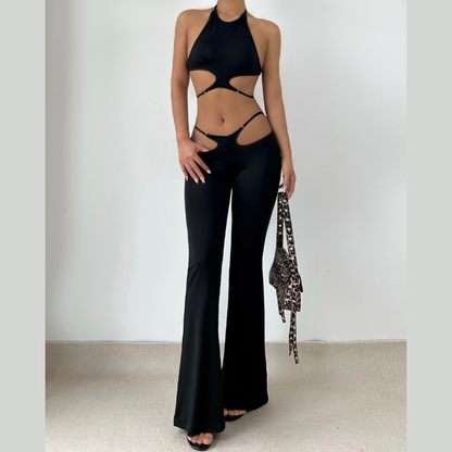 Halter hollow out solid backless pant set  | Festival Outfits Women
