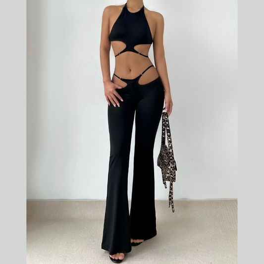 Halter hollow out solid backless pant set  | Festival Outfits Women