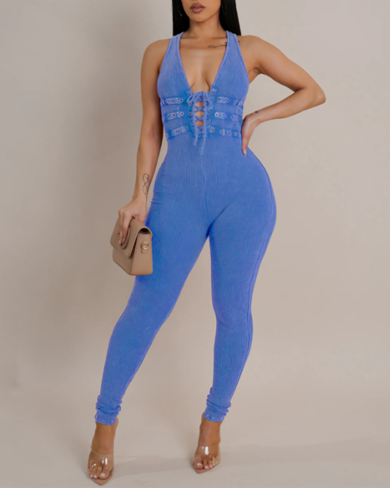 Washed Distressed Leggings Sleeveless Ribbed Jumpsuit