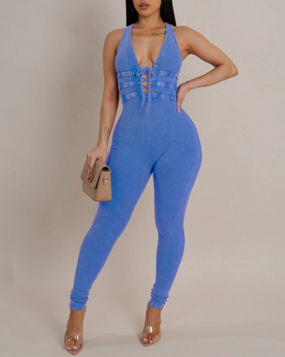 Washed Distressed Leggings Sleeveless Ribbed Jumpsuit