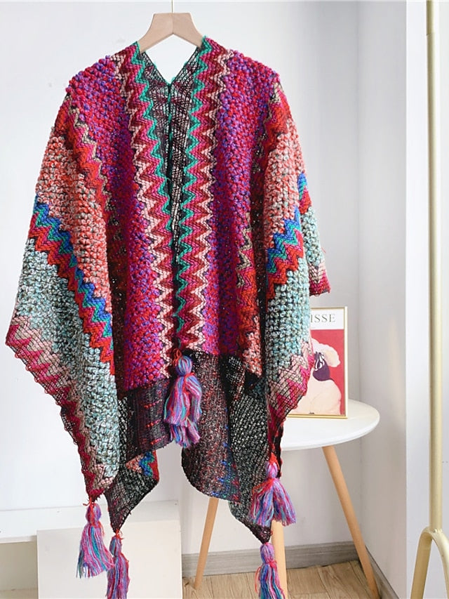 Women Autumn Winter New Colorful Thick Ponchos Knitted Ladies Cloak Warm Fashion Scarves & Wraps Holiday Travel Ethnic Covers for Women
