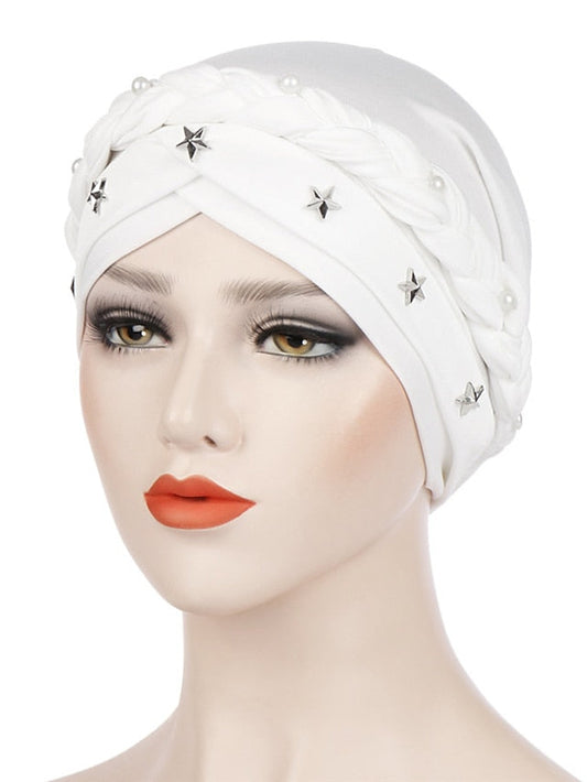 9 Colors Muslim Women Cross Braid Turban Hat with White Pearl Star Decorate Inner Hijabs Stretch Beanie Cap Hair Accessories Hair Care Cap Head Wrap for Women