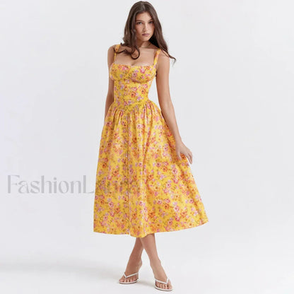 Yellow Lace-Up Pocket Floral Dress