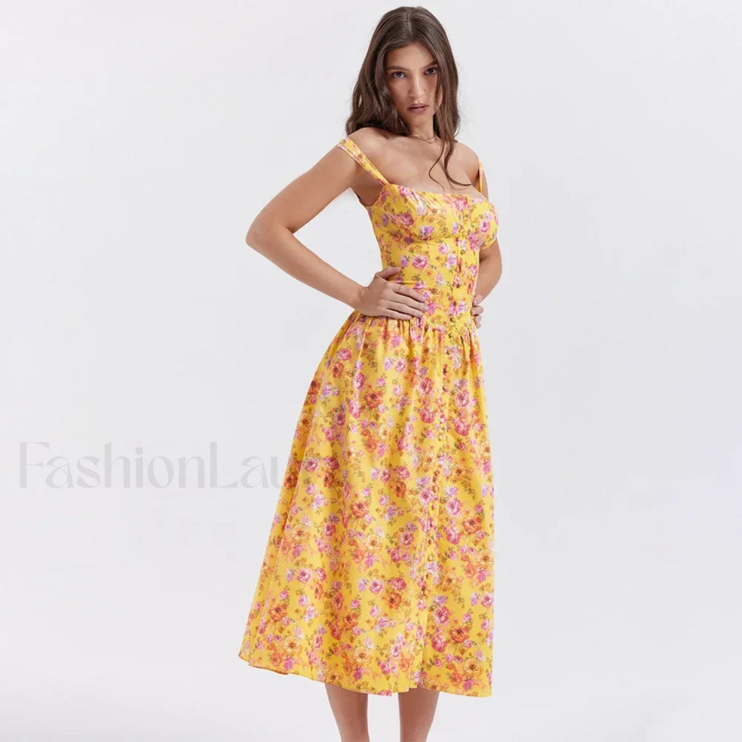 Yellow Lace-Up Pocket Floral Dress