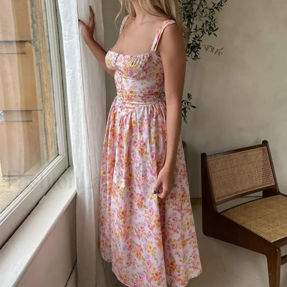 Yellow Lace-Up Pocket Floral Dress