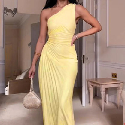 Women's Elegant One Shoulder Cinched Waist Pleated Evening Dress | Ideal for Spring/Summer