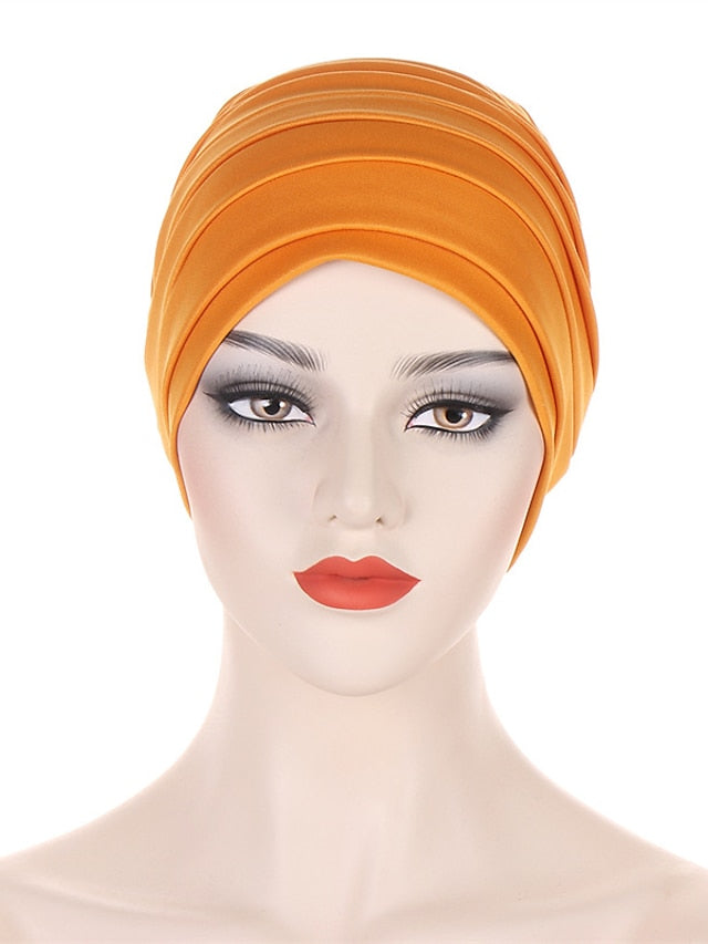 Candy Color Ladies Head Wraps Muslim Hijab Bonnets Fashion Headgear Trendy Elastic Full Body Pleated Turban Cap for Women for Women