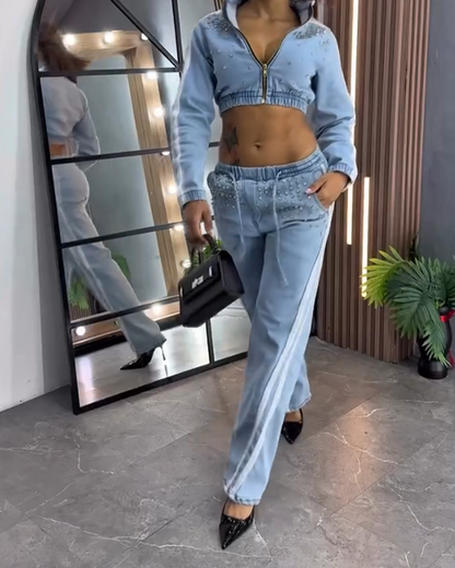 Decorative Straight-Leg Denim Pants Set (Pre-Sale)