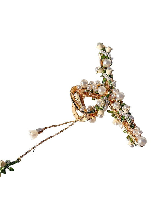 1 PC Hair Clips Meta Pearl Hair Claw Clip Big Nonslip Gold Hair Clamps Hair Accessories Tassel Hair Catch Clip for Women and Thinner Thick Hair Styling for Women