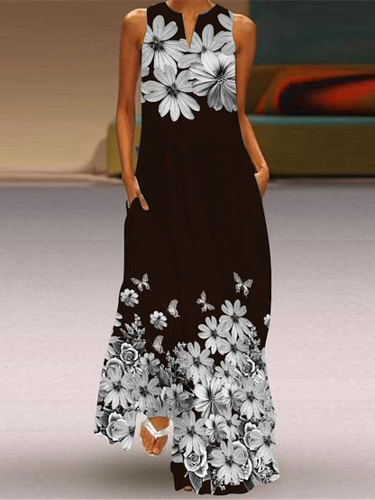 A Line Dress Long Dress Maxi Dress Black White Pink Sleeveless Floral Pocket Spring Summer Crew Neck Stylish  S M L XL XXL 3XL 4XL 5XL for Women