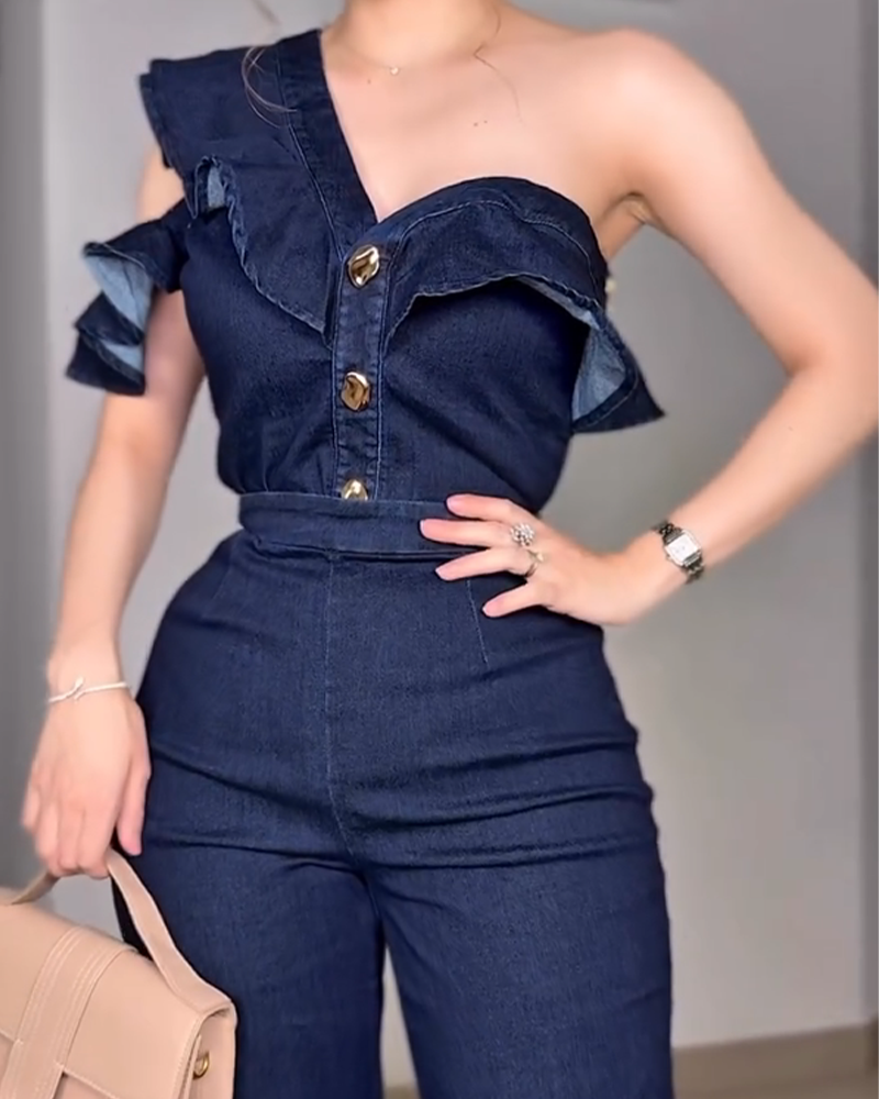 One-Shoulder High-Waist Denim Set (Pre-Sale)