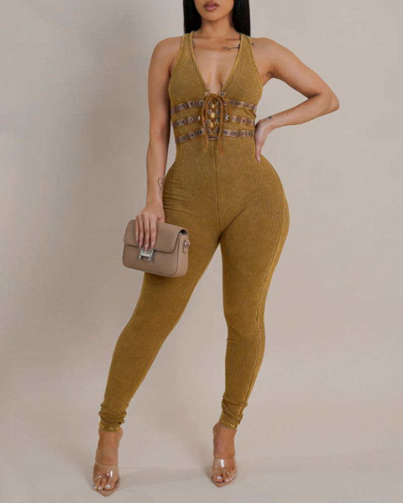 Washed Distressed Leggings Sleeveless Ribbed Jumpsuit