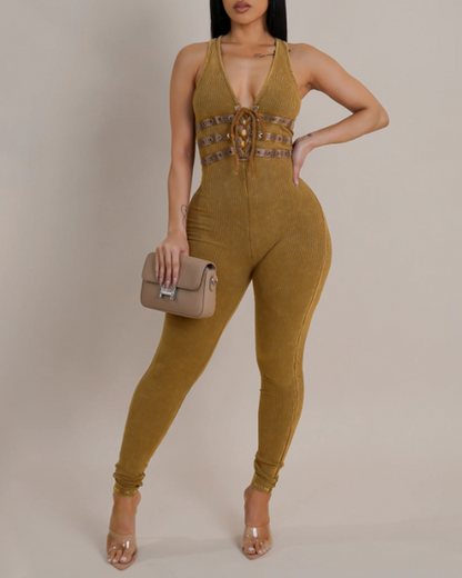 Washed Distressed Leggings Sleeveless Ribbed Jumpsuit