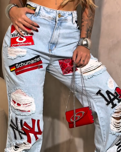 Graffiti Decorated Straight Denim 2-Piece Set