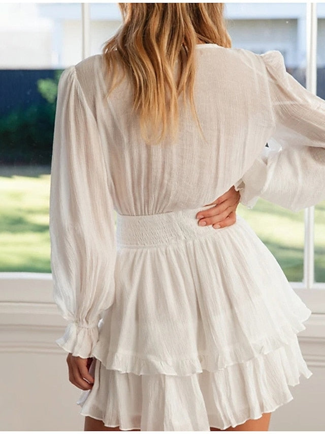 A Line Dress Mini Dress Black White Pink Long Sleeve Pure Color Lace up Summer Spring V Neck Casual Winter Dress Fall Dress  S M L XL for Women