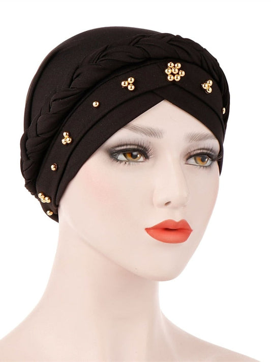 Women Lady Gold Beads Muslim Braid Head Turban Soft Islamic Arab Cap Hat Hair Care Bonnet Beanies Fashion for Women