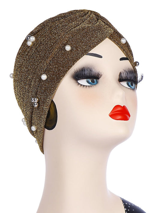 Fashion Women Turban Gold Shiny Hat for Lady Pearl Beading Bright Hat Indian Style Muslim Thin Head Wraps for Women