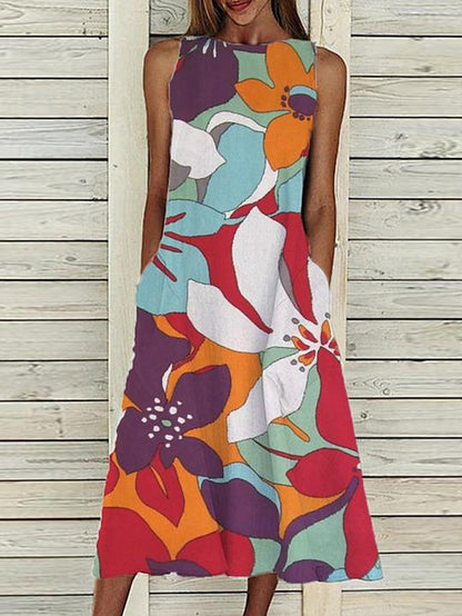 A Line Dress Midi Dress Sleeveless Floral Pocket Cold Shoulder Print Spring Summer Round Neck Casual Vintage Going out  S M L XL XXL Cotton for Women