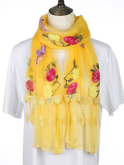 Spring Summer Embroidery Solid Colors Thin Style Hijab Gauze Scarf Women Butterfly Tassel Scarves Daily Dress for Women