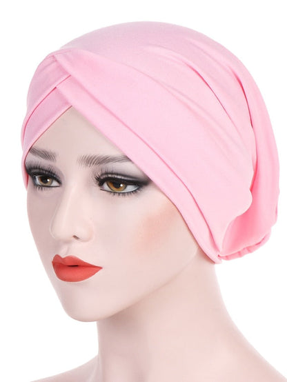 Solid Stretch Fabric Forehead Cross India Cap Turban Hat Women Elastic Turban Muslim Hijab Islamic India Hair Loss Caps Scarf Headwraps for Women