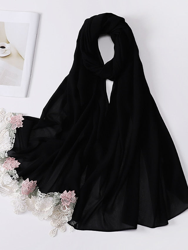 Sweet Style Muslim Lace Hijab Good Stitching Plain Scarf Premium Chiffon Scarf Shawl Islamic Soft Turban Head Wraps Headband for Women