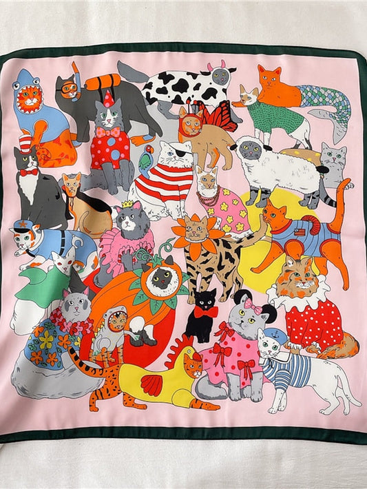 70*70cm Silk Shawl Print Headscarf Cat Hair Wrap Neckerchief Female Satin Square Scarf For Women Headband Foulard Hijab Bandana for Women
