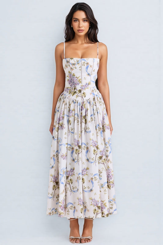 Zechariah White Ribbon Print Cotton Midi Dress