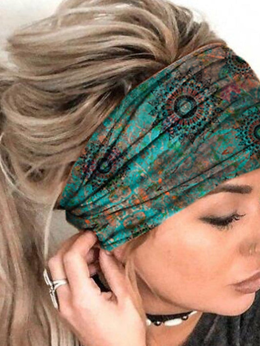 European And American New Bohemian Headband Personality Mandala Flower Headband Elastic Sweat-Absorbing Ladies Wide Brimming Headband Headgear for Women
