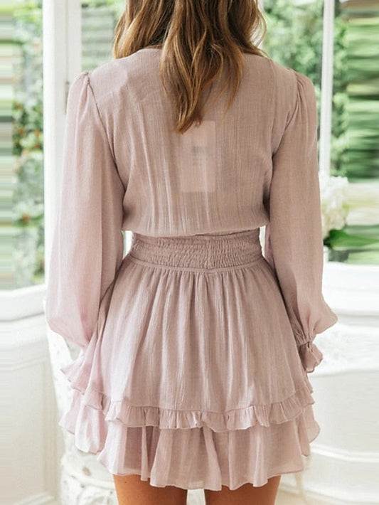 A Line Dress Mini Dress Black White Pink Long Sleeve Pure Color Lace up Summer Spring V Neck Casual Winter Dress Fall Dress  S M L XL for Women