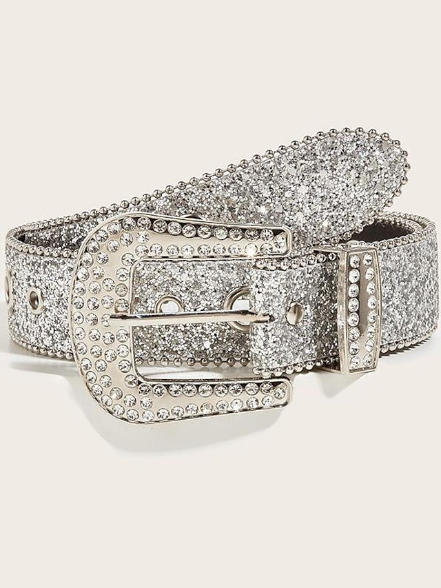 PU Buckle Belt Metal Bucke Crystal Rhinestone Eyelet Classic Wedding Party 3.8CM beaded car side bead size eyelet buckle (silver) 3.8CM beaded car side bead size eyelet buckle (black) for Women