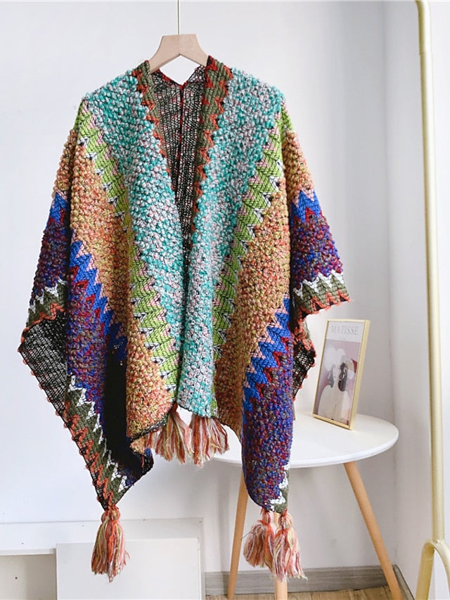 Women Autumn Winter New Colorful Thick Ponchos Knitted Ladies Cloak Warm Fashion Scarves & Wraps Holiday Travel Ethnic Covers for Women